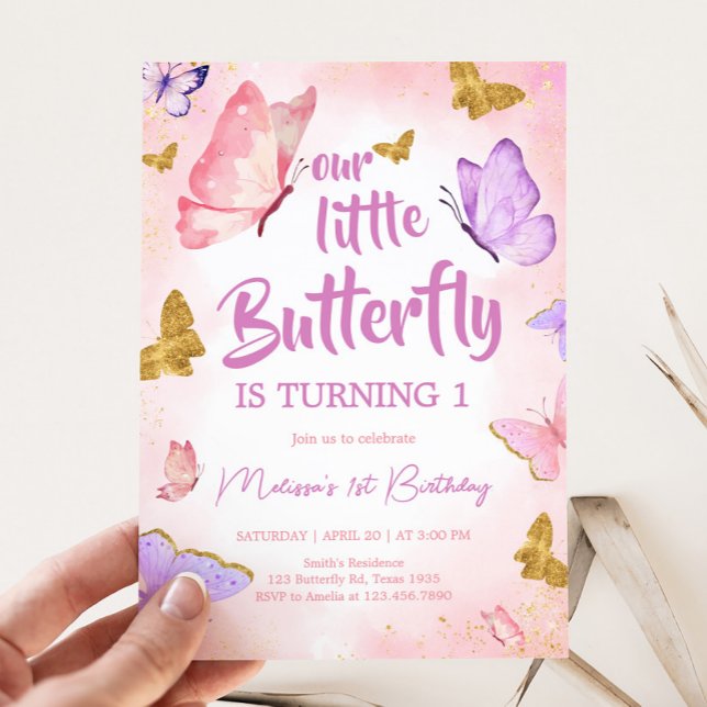 Convite Festa de aniversário de borboletas roxa rosa (Pink Purple Whimsical Little Butterfly Birthday Party Invitation)
