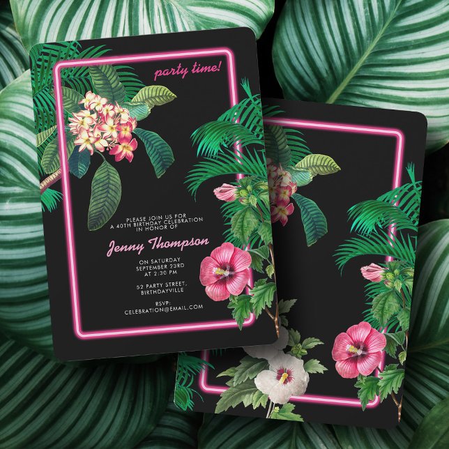 Convite Festa de aniversário de Botânica Tropical Neon Pin (Neon Pink Tropical Botanicals Birthday Party Invitation)
