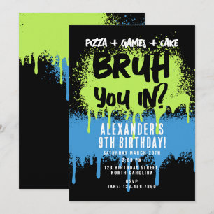 Convite Festa de aniversário de Bruh Boy Neon Grafite Azul