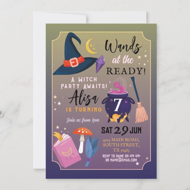 Convite Festa de aniversário De Bruxas A Rosa (Frente)