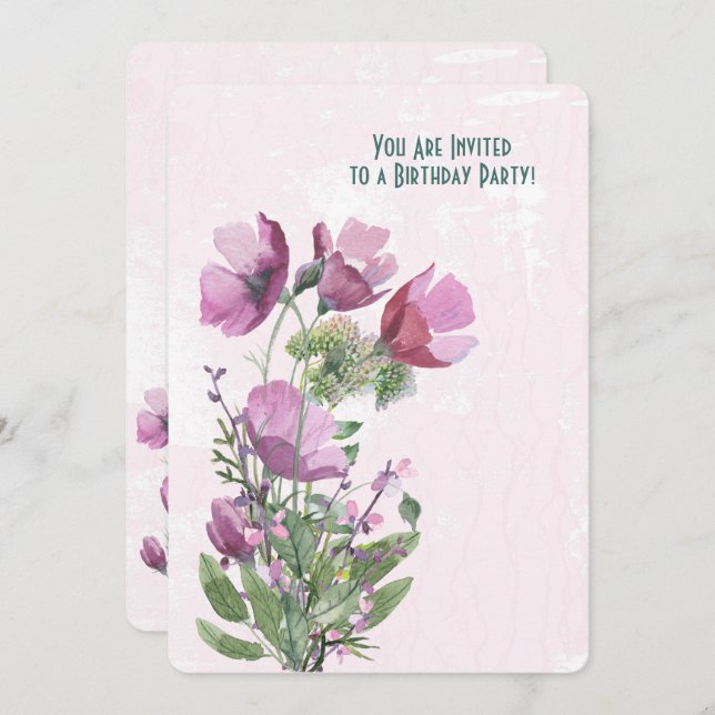 Convite Festa de aniversário de buquê cor-de-rosa (Frente/Verso)