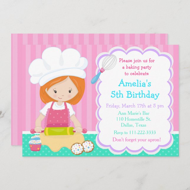 Convite Festa de aniversário De Cabelo Vermelho (Frente/Verso)