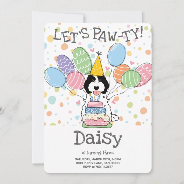 Convite Festa de aniversário de Cachorro Branco Negro (Frente)