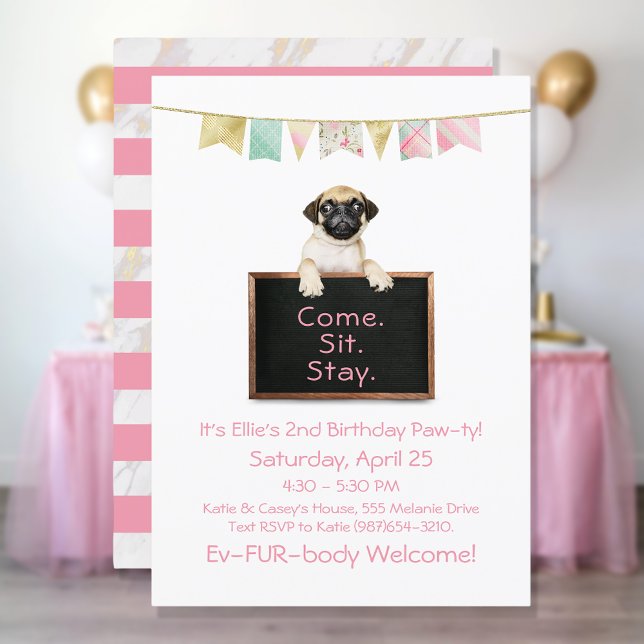 Convite Festa de Aniversário de Cachorro para Pug Menina (Criador carregado)