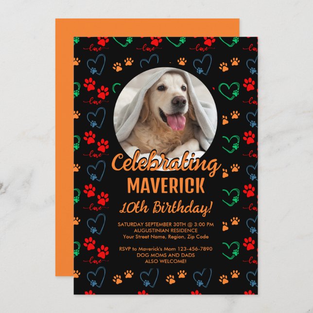 Convite Festa de aniversário de Cachorro Preto Personalizá (Frente/Verso)