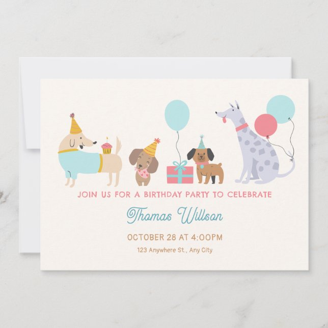 Convite Festa de aniversário de cães coloridos (Frente)