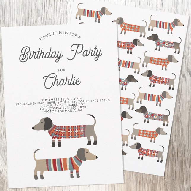 Convite Festa de aniversário de cães de salsicha Dachshund (Fun Dachshund Wiener Sausage Dog personalized birthday party invitation with custom text)
