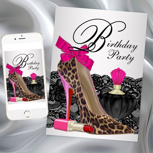 Convite Festa de aniversário de Calçado de alto salto do l (Leopard high heel shoe girl things invitation. Instant download and printed invitations available.)