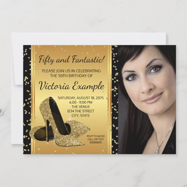 Convite Festa de aniversário de Calçados Dourados de alto  (Frente)