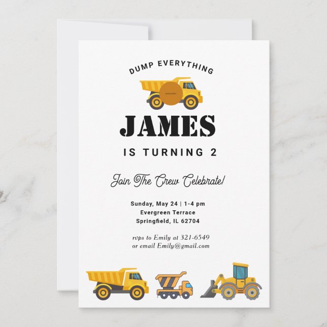 Convite Festa de aniversário de Caminhão de Construção (Frente)