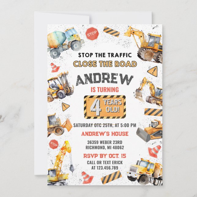 Convite Festa de aniversário de Caminhão de Despejo de Con (Frente)