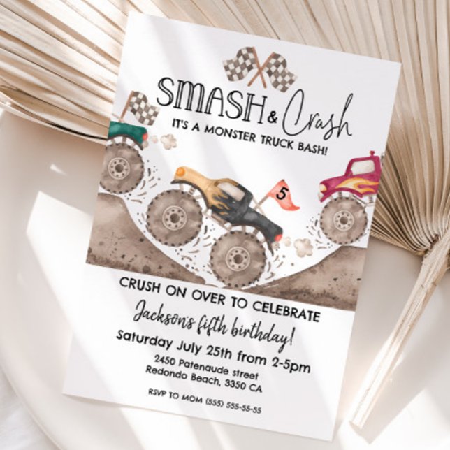 Convite Festa de aniversário de caminhão monstro de QUALQU (Smash and Crash Monster truck any age birthday invitation)