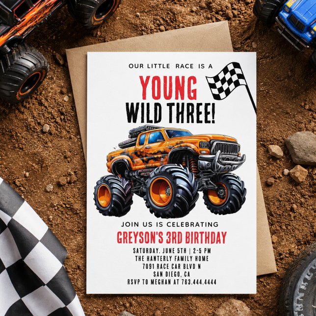 Convite Festa de Aniversário de Caminhões Monstros para Cr (Modern Kids Monster Trucks Birthday Party Invitation
)