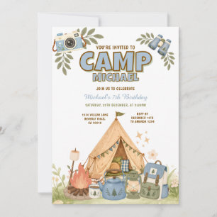Convite Festa de Aniversário de Camping Azul Adorável Aven