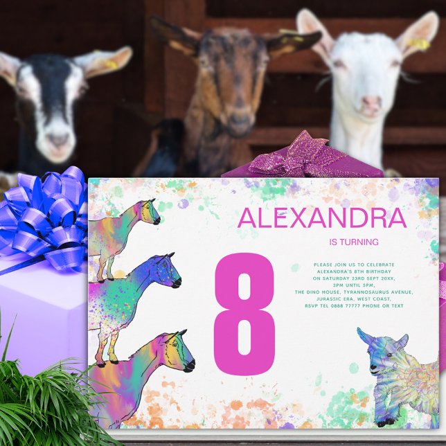 Convite Festa de aniversário de Caprino Bonito 8.a (Cute goats colorful farm animal art 8th birthday party invitation watercolor splash pink Typography)
