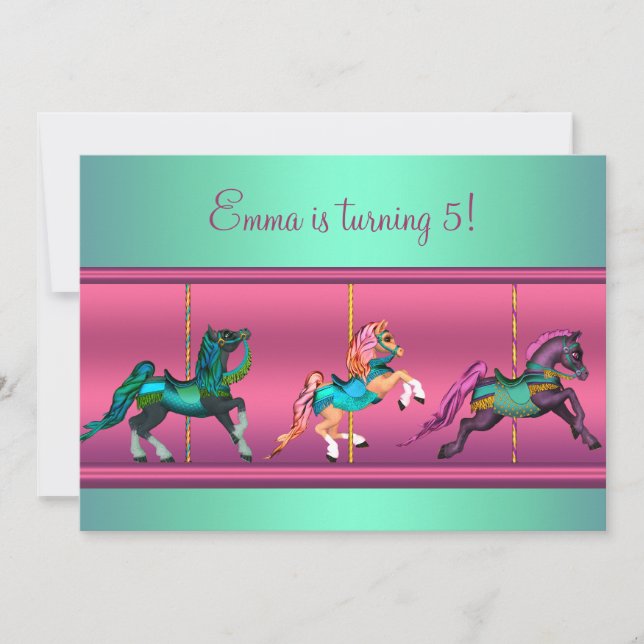 Convite Festa de aniversário de Carousel Pony rosa e Teal (Frente)