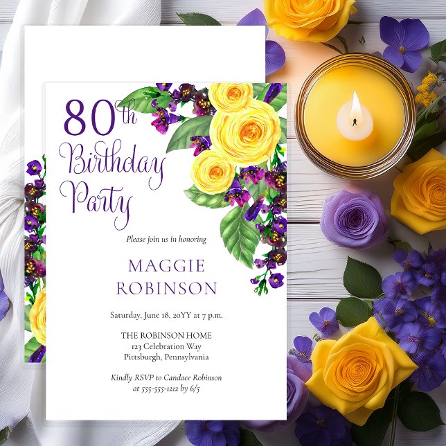 Convite Festa de aniversário de Casamento com 80 Violet Ro (Elegant Yellow Roses and Purple Violets Floral 80th Birthday Party Invitation - Print | Digital)