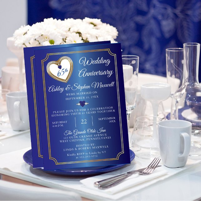 Convite Festa de Aniversário de Casamento de 65 Anos com D (Elegant Blue Spinel Diamond 65th Wedding Anniversary Party Invitation)