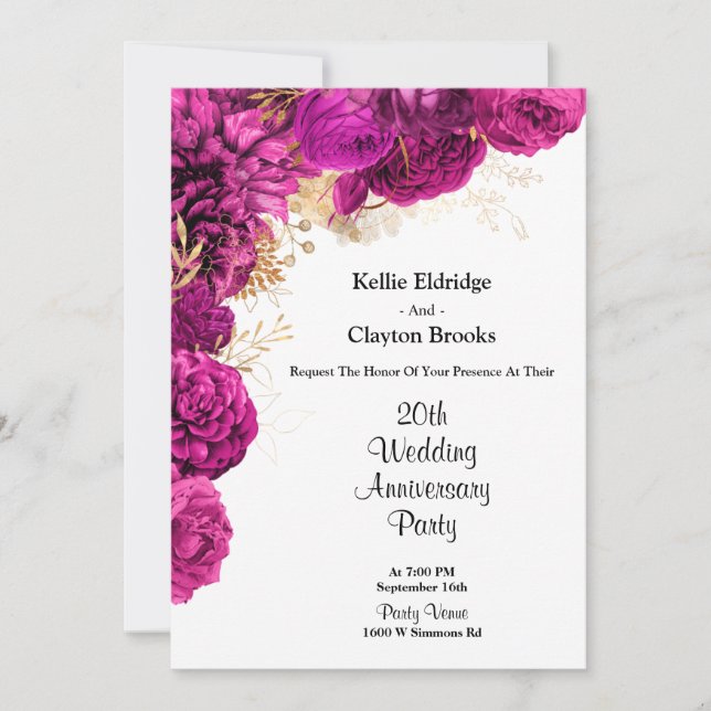 Convite Festa de Aniversário de Casamento Floral Rosa e Do (Frente)