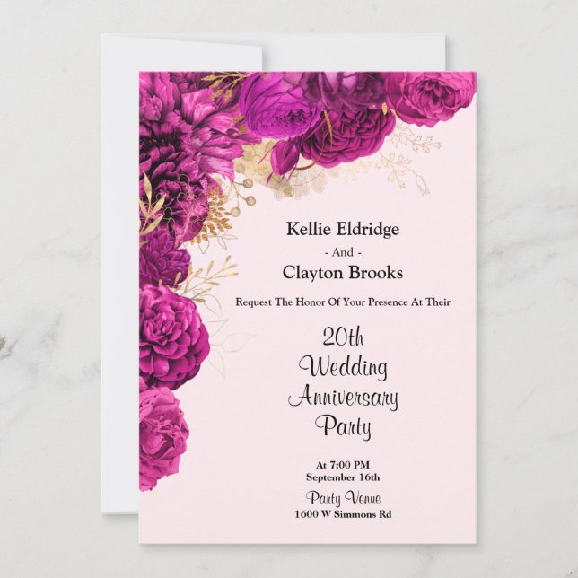 Convite Festa de Aniversário de Casamento Floral Rosa e Do (Frente)