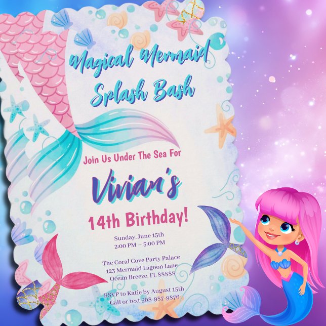Convite Festa de aniversário de Cauda da Sereia (Magical Mermaid Birthday Party Invitation)