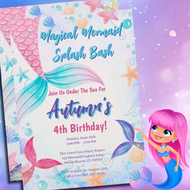 Convite Festa de aniversário de cauda da Sereia Púrpura Ro (Mermaid Splash Bash Birthday Invite for an Under the Sea Party that will be unforgettable )