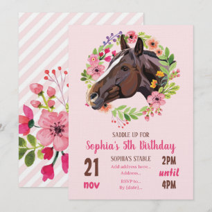 Convite Festa de Aniversário de Cavalo Cowgirl Floral Rosa