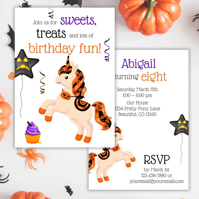 Convite Festa de aniversário de Cavalo das Bruxas (Cute Halloween Horse Unicorn Birthday Party Invitation)