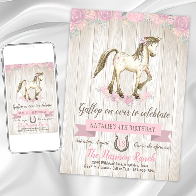 Convite Festa de Aniversário de Cavalo em Aquarela (Cute pony birthday party invitation. Instant download and printed invitations available.)