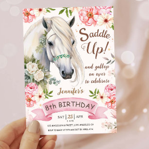 Convite Festa de Aniversário de Cavalo Meninas Rosa 8º Ani