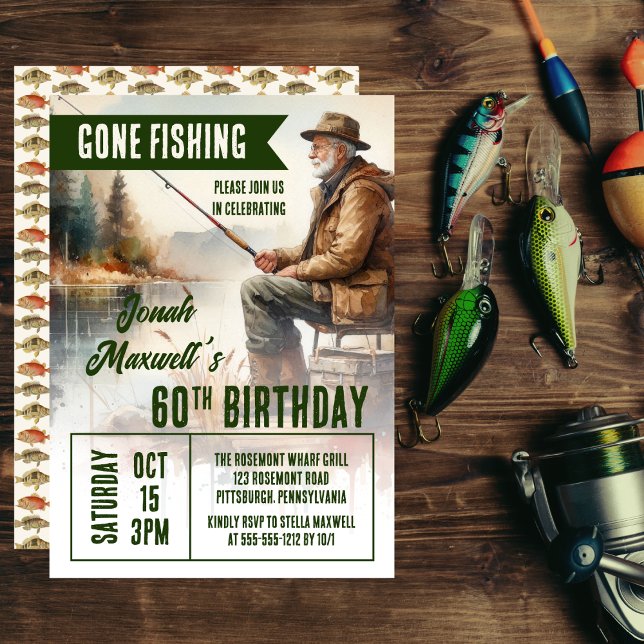 Convite Festa de aniversário de Cena de Pescador de Pesca  ("Gone Fishing" Fisherman Scene Birthday Party Invitation)