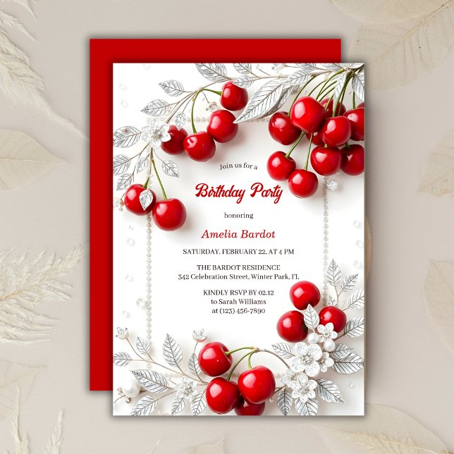 Convite Festa de aniversário de Cereja Floral Vermelha Ele (Elegant Silver Floral Red Cherry Birthday Party Invitation)