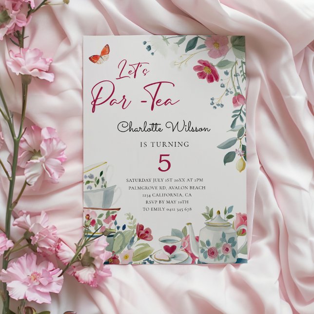 Convite Festa de Aniversário de Chá com Flores Desenhadas  (Whimsical hand-drawn tea Party Birthday Invitationin charming Dolce Vita style )