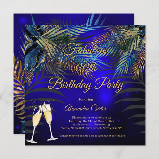 Convite Festa de aniversário de Champanhe Azul Dourado Tro (Frente/Verso)
