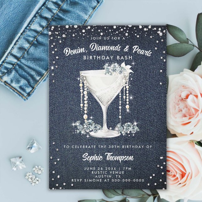 Convite Festa de aniversário de Champanhe de Ouros Denim (denim diamonds pearls birthday party invitation card elegant classy champagne bling glam glitz spark)