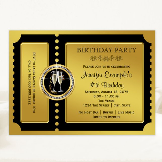 Convite Festa de aniversário de Champanhe de Tíquete do ou (All text can be changed. Any occasion elegant black and gold ticket style invitation.)
