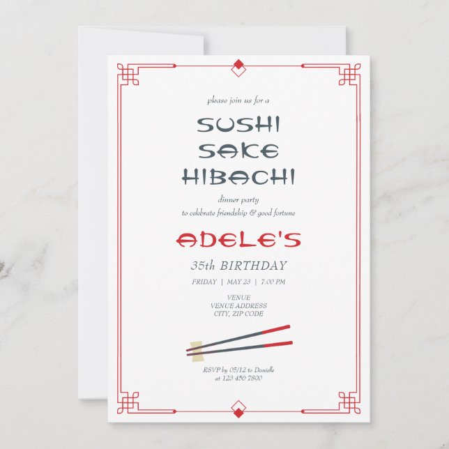 Convite Festa de aniversário de Chef Privado do Tema Japon (Frente)
