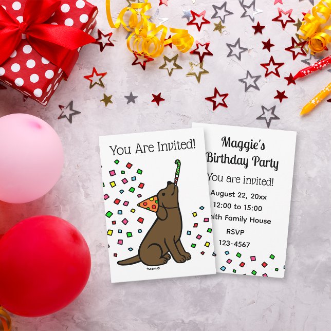 Convite Festa de aniversário de chocolate Labrador Confett (Chocolate Labrador Confetti Birthday Party Invitation for Labrador Owners.  Cartoon art design.)