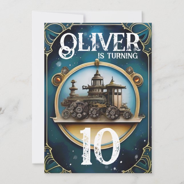 Convite Festa de aniversário de Cobre Azul Steampunk (Frente)