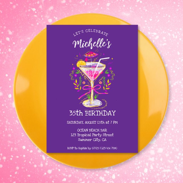 Convite Festa de aniversário de Cocktail de Adultos Simple (whimsical colorful glitter cocktail birthday party invitation)