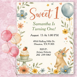 Convite Festa de Aniversário de Coelhinho Aquarela Sweet 1