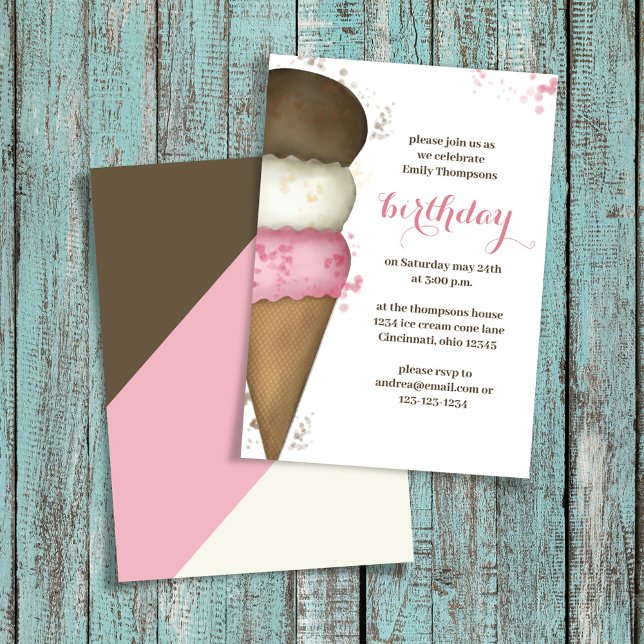 Convite Festa de aniversário de Cone de Sorvete de Aquarel (Ice cream birthday party invitations)