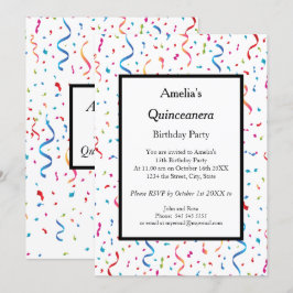 Convite Festa de aniversário de confete branco Quinceanera