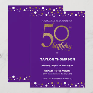 Convite Festa de aniversário de Confetti Dourado Púrpura