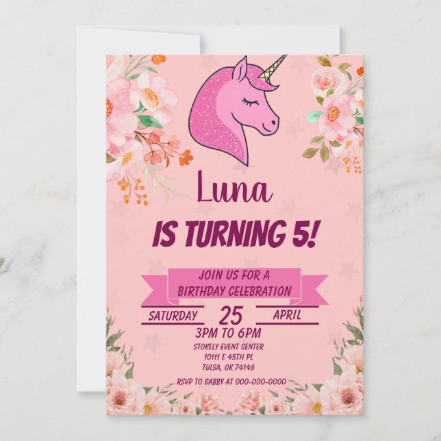 Convite Festa de aniversário de Confetti Glitter Unicorn R (Frente)