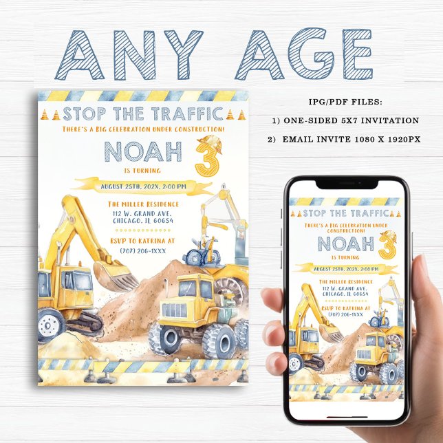 Convite Festa de aniversário de Construção Moderna Editáve (Criador carregado)