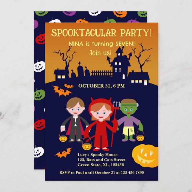 Convite Festa de aniversário de Costume de Halloween (Frente/Verso)