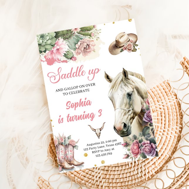 Convite Festa de aniversário de cowboy ocidental rosa rode (Criador carregado)