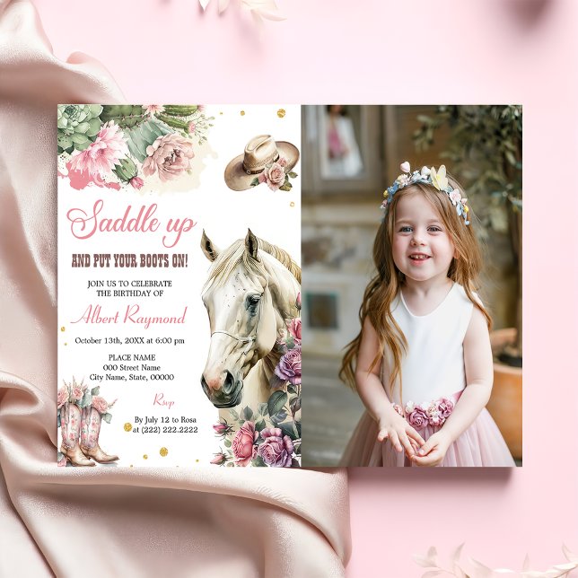 Convite Festa de aniversário de cowboy ocidental rosa rode (Criador carregado)