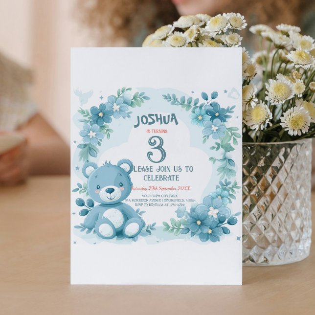 Convite Festa de Aniversário de criança Azul do Urso de Te (Criador carregado)